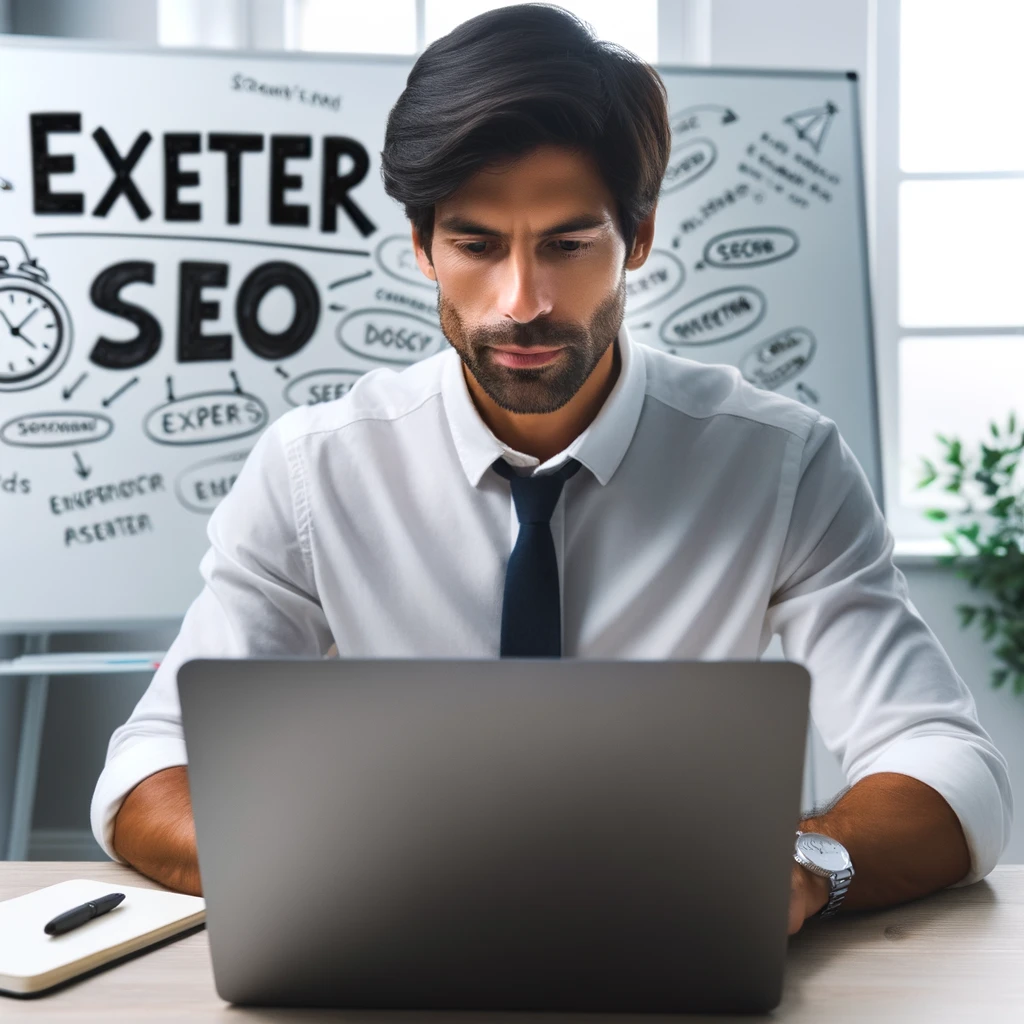 A man working on his laptop, doing search engine optimisation. Behind him is a board that says Exeter SEO